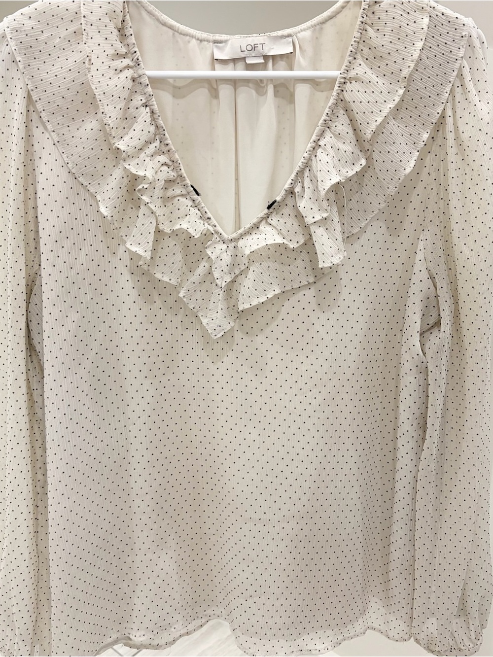LOFT Cream Ruffle V-Neck Blouse with Black Polka Dots